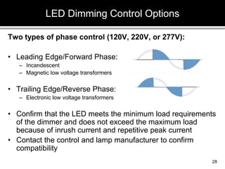 Two types of phase control (120V, 220V, or 277V):
• Leading Edge/Forward Phase:
– Incandescent
– Magnetic low voltage transformers
• Trailing Edge/Reverse Phase:
– Electronic low voltage transformers
• Confirm that the LED meets the minimum load requirements
of the dimmer and does not exceed the maximum load
because of inrush current and repetitive peak current
• Contact the control and lamp manufacturer to confirm
compatibility
LED Dimming Control Options
28
 