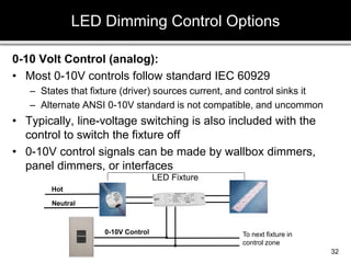 0-10 Volt Control (analog):
• Most 0-10V controls follow standard IEC 60929
– States that fixture (driver) sources current, and control sinks it
– Alternate ANSI 0-10V standard is not compatible, and uncommon
• Typically, line-voltage switching is also included with the
control to switch the fixture off
• 0-10V control signals can be made by wallbox dimmers,
panel dimmers, or interfaces
LED Dimming Control Options
0-10V Control
Neutral
Hot
LED Fixture
To next fixture in
control zone
32
 