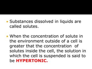 

Substances dissolved in liquids are
called solutes.



When the concentration of solute in
the environment outside of a cell is
greater that the concentration of
solutes inside the cell, the solution in
which the cell is suspended is said to
be HYPERTONIC.

 