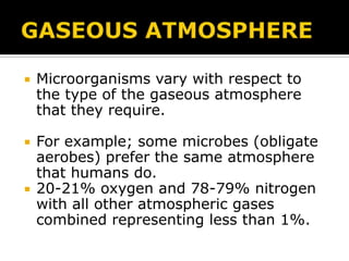

Microorganisms vary with respect to
the type of the gaseous atmosphere
that they require.



For example; some microbes (obligate
aerobes) prefer the same atmosphere
that humans do.
20-21% oxygen and 78-79% nitrogen
with all other atmospheric gases
combined representing less than 1%.



 