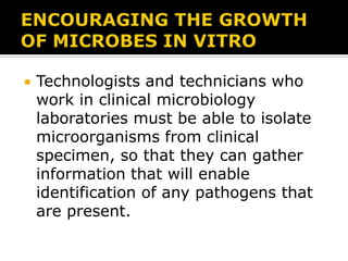 

Technologists and technicians who
work in clinical microbiology
laboratories must be able to isolate
microorganisms from clinical
specimen, so that they can gather
information that will enable
identification of any pathogens that
are present.

 