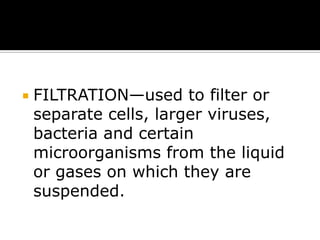 

FILTRATION—used to filter or
separate cells, larger viruses,
bacteria and certain
microorganisms from the liquid
or gases on which they are
suspended.

 