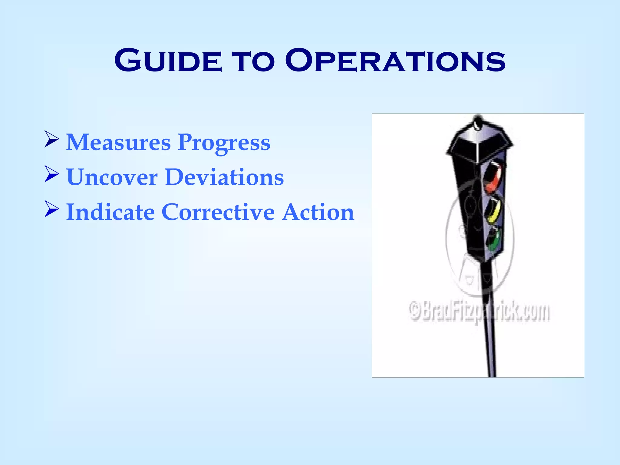 Guide to Operations
 Measures Progress
 Uncover Deviations
 Indicate Corrective Action
 