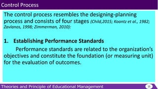 The control process resembles the designing-planning
process and consists of four stages (Child,2015; Koontz et al., 1982;
Zavlanos, 1998; Zimmerman, 2010):
1. Establishing Performance Standards
Performance standards are related to the organization’s
objectives and constitute the foundation (or measuring unit)
for the evaluation of outcomes.
15
Control Process
 