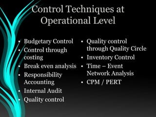 Control Techniques at
Operational Level
• Budgetary Control
• Control through
costing
• Break even analysis
• Responsibility
Accounting
• Internal Audit
• Quality control
• Quality control
through Quality Circle
• Inventory Control
• Time – Event
Network Analysis
• CPM / PERT
 