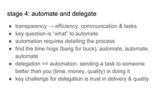 stage 4: automate and delegate
● transparency → efficiency. communication & tasks
● key question is “what” to automate
● automation requires detailing the process
● find the time hogs (bang for buck), automate, automate,
automate
● delegation == automation. sending a task to someone
better than you (time, money, quality) in doing it
● key challenge for delegation is trust in delivery & quality
 