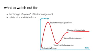 what to watch out for
● the "trough of sorrow" of task management
● habits take a while to form.
 