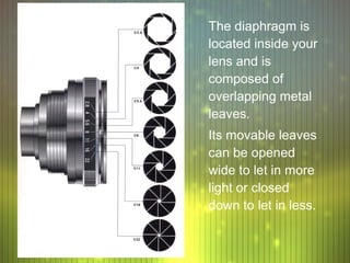 The diaphragm is
located inside your
lens and is
composed of
overlapping metal
leaves.
Its movable leaves
can be opened
wide to let in more
light or closed
down to let in less.
 