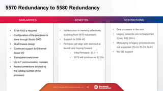 PUBLIC | Copyright ©2020 Rockwell Automation, Inc. | ‹#›
5570 Redundancy to 5580 Redundancy
• 1756-RM2 is required
• Configuration of the processor is
done through Studio 5000
• Dual chassis design
• Continued support for Ethernet
based I/O
• Transparent switchover
• Up to 7 communication modules
• Nodes/connections dictated by
the catalog number of the
processor
• One processor in the rack
• Legacy networks are not supported
(Cnet, RIO, DH+)
• Messaging to legacy processors are
not supported (PLC2, PLC5, SLC)
• No Sil2 support
SIMILARITIES
• No reduction in memory (effectively
doubling from 5570 redundant)
• Support for 5094 I/O
• Firmware will align with standard at
launch and moving forward
• Initial firmware: 33.011
• 5570 will continue as 33.05x
18
PUBLIC | Copyright ©2020 Rockwell Automation, Inc. |
BENEFITS RESTRICTIONS
 