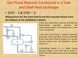 Gas Phase Reaction Conducted in a Tube
and Shell Heat Exchanger
• STEP – 2 & STEP – 3:
Mixing drum for the fresh feed B and the recycled stream from
the bottom of the distillation column:
Inlet and outlet flow could be controlled by
feed-forward controller because the
mathematical model of the mixing drum is not
much complicated.
The level of the drum is another important
parameter to be controlled. It can be controlled
by the flow rate of feed B (stream 2) or by the
recycled stream from the distillation column
(stream 3).
Controlling stream 2 is a better choice
because change in the flow rate of stream 3
could affect the performance of the distillation
column.
 
