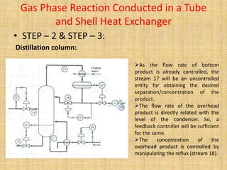Gas Phase Reaction Conducted in a Tube
and Shell Heat Exchanger
• STEP – 2 & STEP – 3:
Distillation column:
As the flow rate of bottom
product is already controlled, the
stream 17 will be an uncontrolled
entity for obtaining the desired
separation/concentration of the
product.
The flow rate of the overhead
product is directly related with the
level of the condenser. So, a
feedback controller will be sufficient
for the same.
The concentration of the
overhead product is controlled by
manipulating the reflux (stream 18).
 