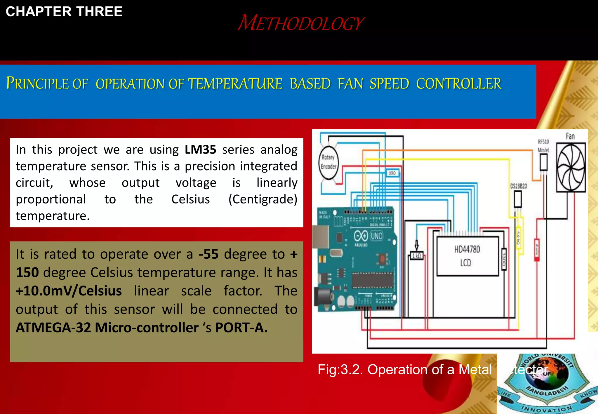 METHODOLOGY 
CHAPTER THREE 
PRINCIPLE OF OPERATION OF TEMPERATURE BASED FAN SPEED CONTROLLER 
In this project we are using LM35 series analog 
temperature sensor. This is a precision integrated 
circuit, whose output voltage is linearly 
proportional to the Celsius (Centigrade) 
temperature. 
It is rated to operate over a -55 degree to + 
150 degree Celsius temperature range. It has 
+10.0mV/Celsius linear scale factor. The 
output of this sensor will be connected to 
ATMEGA-32 Micro-controller ‘s PORT-A. 
Fig:3.2. Operation of a Metal Detector 
 