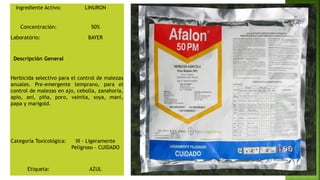 Ingrediente Activo: LINURON
Concentración: 50%
Laboratório: BAYER
Descripción General
Herbicida selectivo para el control de malezas
anuales. Pre-emergente temprano, para el
control de malezas en ajo, cebolla, zanahoria,
apio, aní, piña, poro, vainita, soya, maní,
papa y marigold.
Categoría Toxicológica: III - Ligeramente
Peligroso - CUIDADO
Etiqueta: AZUL
 