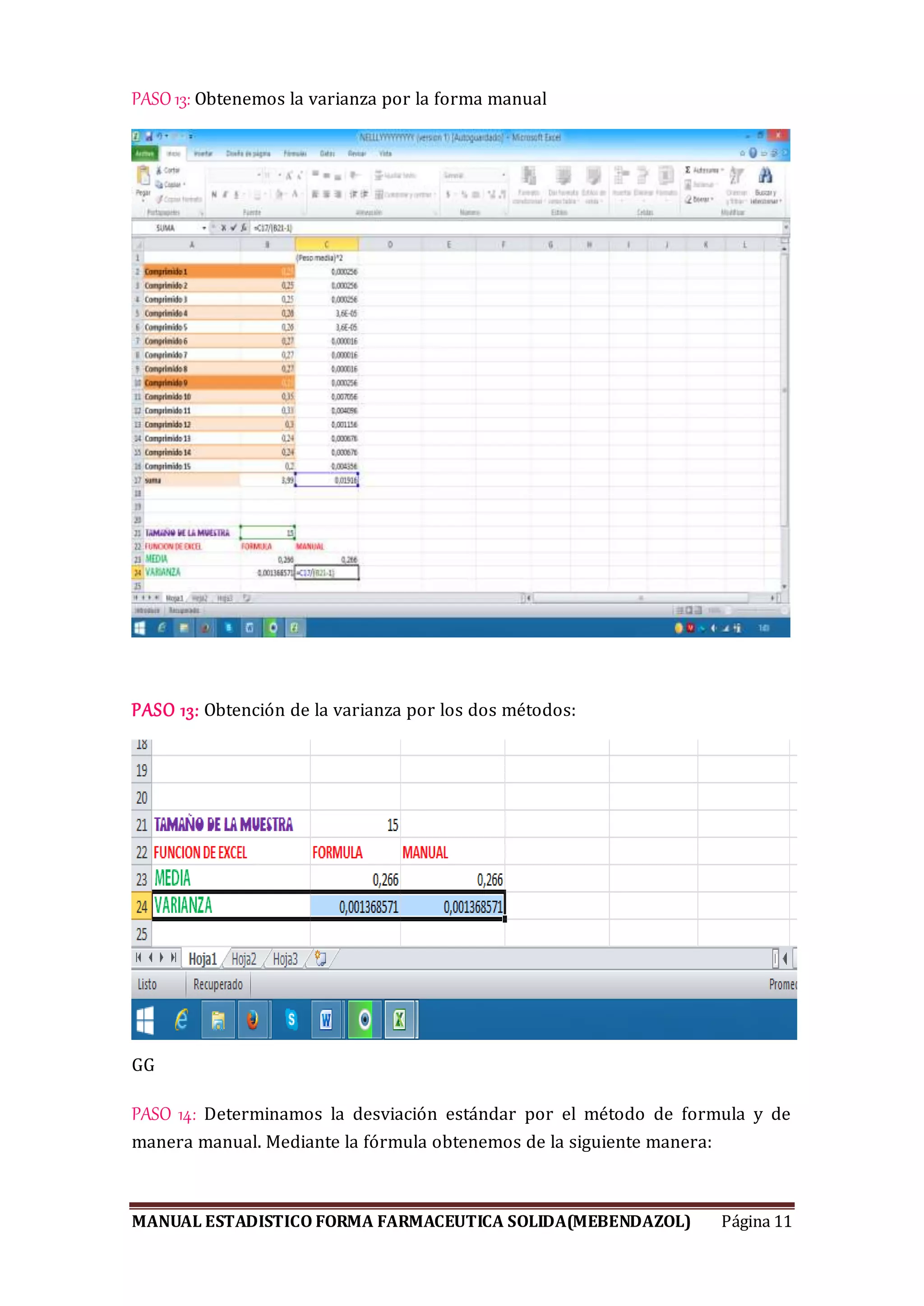 MANUAL ESTADISTICO FORMA FARMACEUTICA SOLIDA(MEBENDAZOL) Página 11
PASO 13: Obtenemos la varianza por la forma manual
PASO 13: Obtención de la varianza por los dos métodos:
GG
PASO 14: Determinamos la desviación estándar por el método de formula y de
manera manual. Mediante la fórmula obtenemos de la siguiente manera:
 