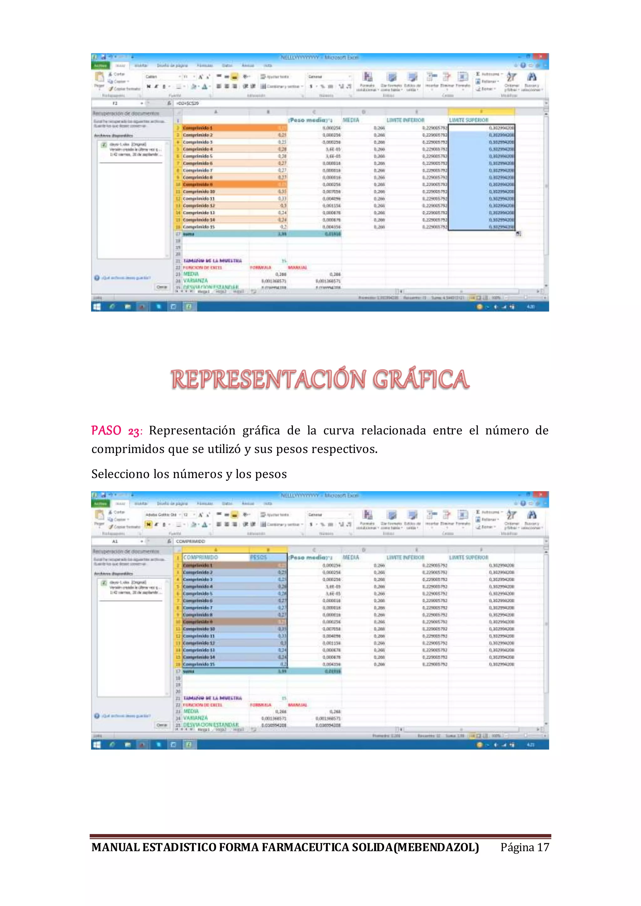 MANUAL ESTADISTICO FORMA FARMACEUTICA SOLIDA(MEBENDAZOL) Página 17
PASO 23: Representación gráfica de la curva relacionada entre el número de
comprimidos que se utilizó y sus pesos respectivos.
Selecciono los números y los pesos
 