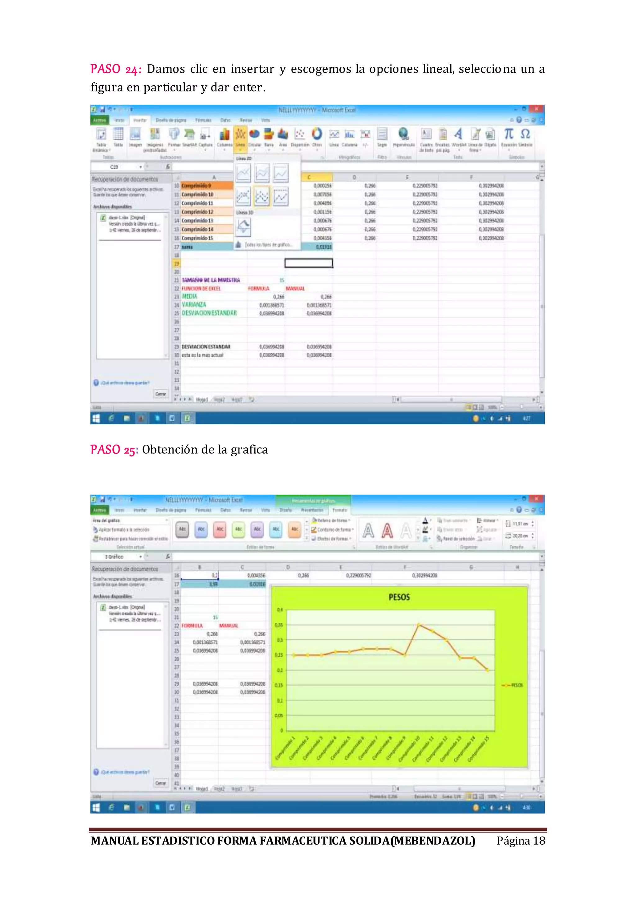 MANUAL ESTADISTICO FORMA FARMACEUTICA SOLIDA(MEBENDAZOL) Página 18
PASO 24: Damos clic en insertar y escogemos la opciones lineal, selecciona un a
figura en particular y dar enter.
PASO 25: Obtención de la grafica
 
