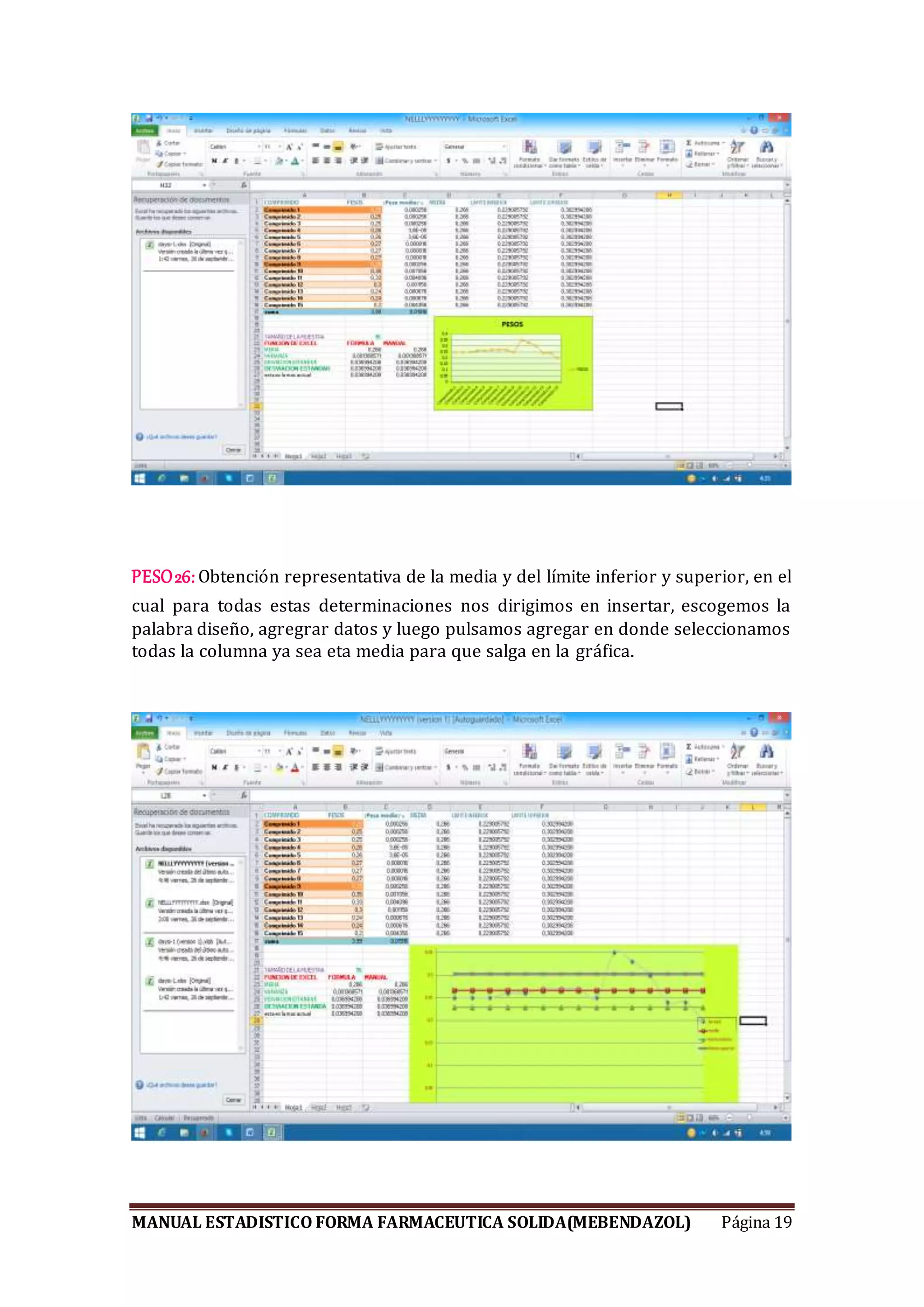 MANUAL ESTADISTICO FORMA FARMACEUTICA SOLIDA(MEBENDAZOL) Página 19
PESO26: Obtención representativa de la media y del límite inferior y superior, en el
cual para todas estas determinaciones nos dirigimos en insertar, escogemos la
palabra diseño, agregrar datos y luego pulsamos agregar en donde seleccionamos
todas la columna ya sea eta media para que salga en la gráfica.
 