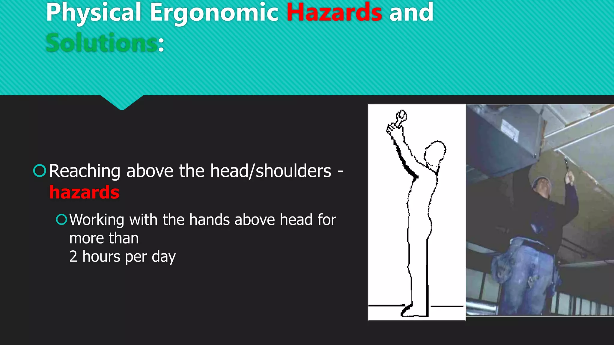 Reaching above the head/shoulders -
hazards
Working with the hands above head for
more than
2 hours per day
Physical Ergonomic Hazards and
Solutions:
 