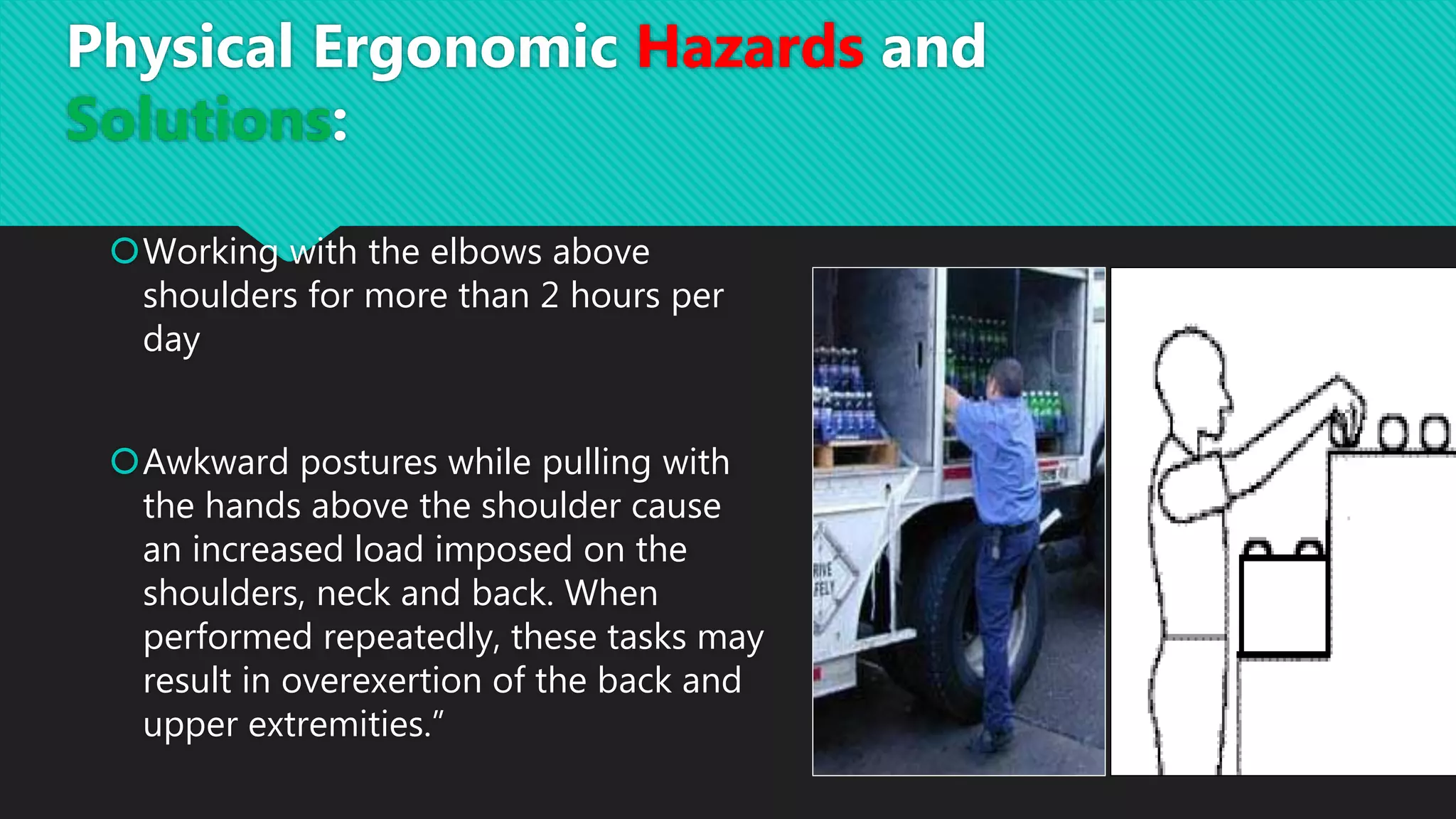 Working with the elbows above
shoulders for more than 2 hours per
day
Awkward postures while pulling with
the hands above the shoulder cause
an increased load imposed on the
shoulders, neck and back. When
performed repeatedly, these tasks may
result in overexertion of the back and
upper extremities.”
Physical Ergonomic Hazards and
Solutions:
 