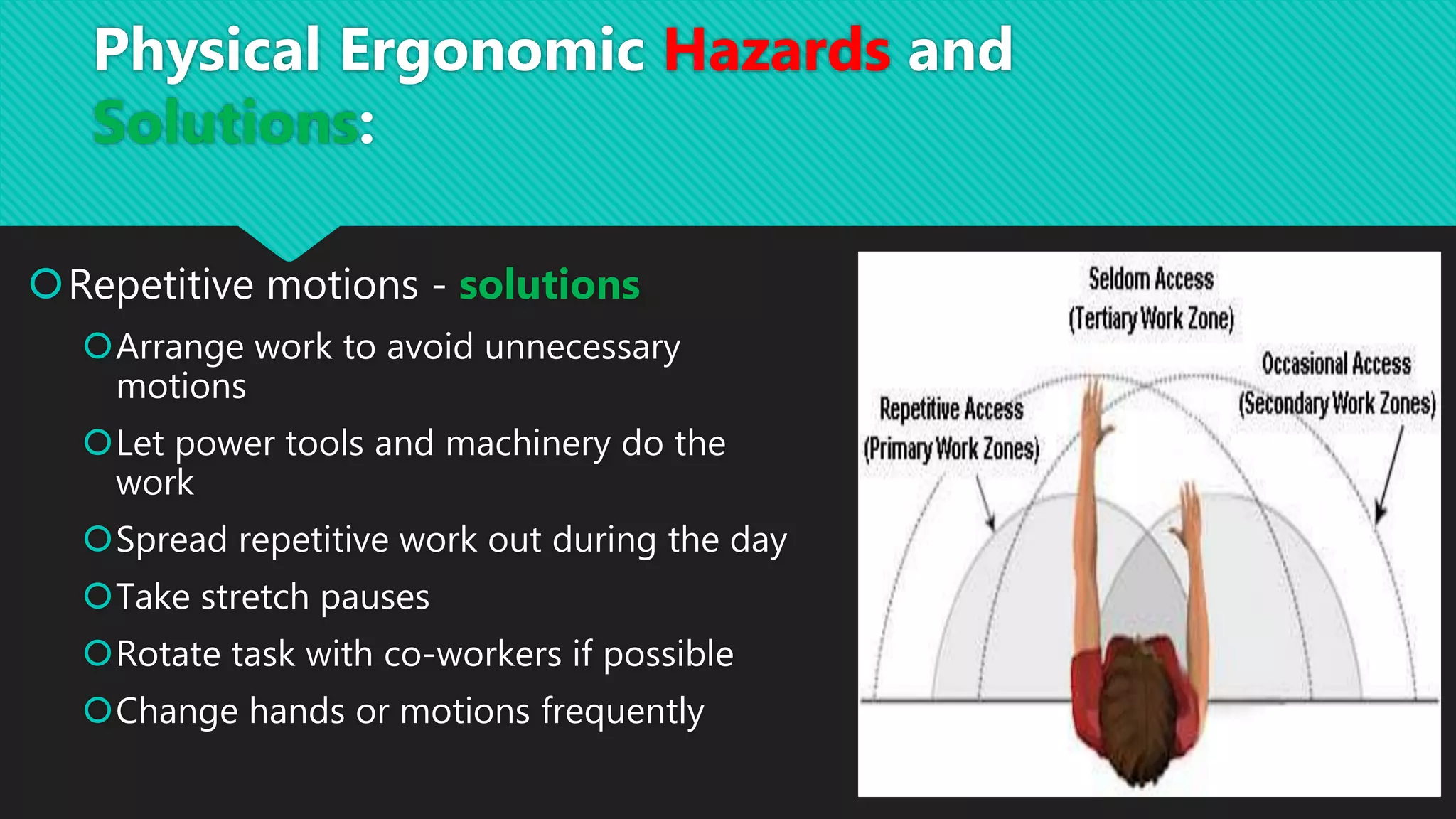 Repetitive motions - solutions
Arrange work to avoid unnecessary
motions
Let power tools and machinery do the
work
Spread repetitive work out during the day
Take stretch pauses
Rotate task with co-workers if possible
Change hands or motions frequently
Physical Ergonomic Hazards and
Solutions:
 