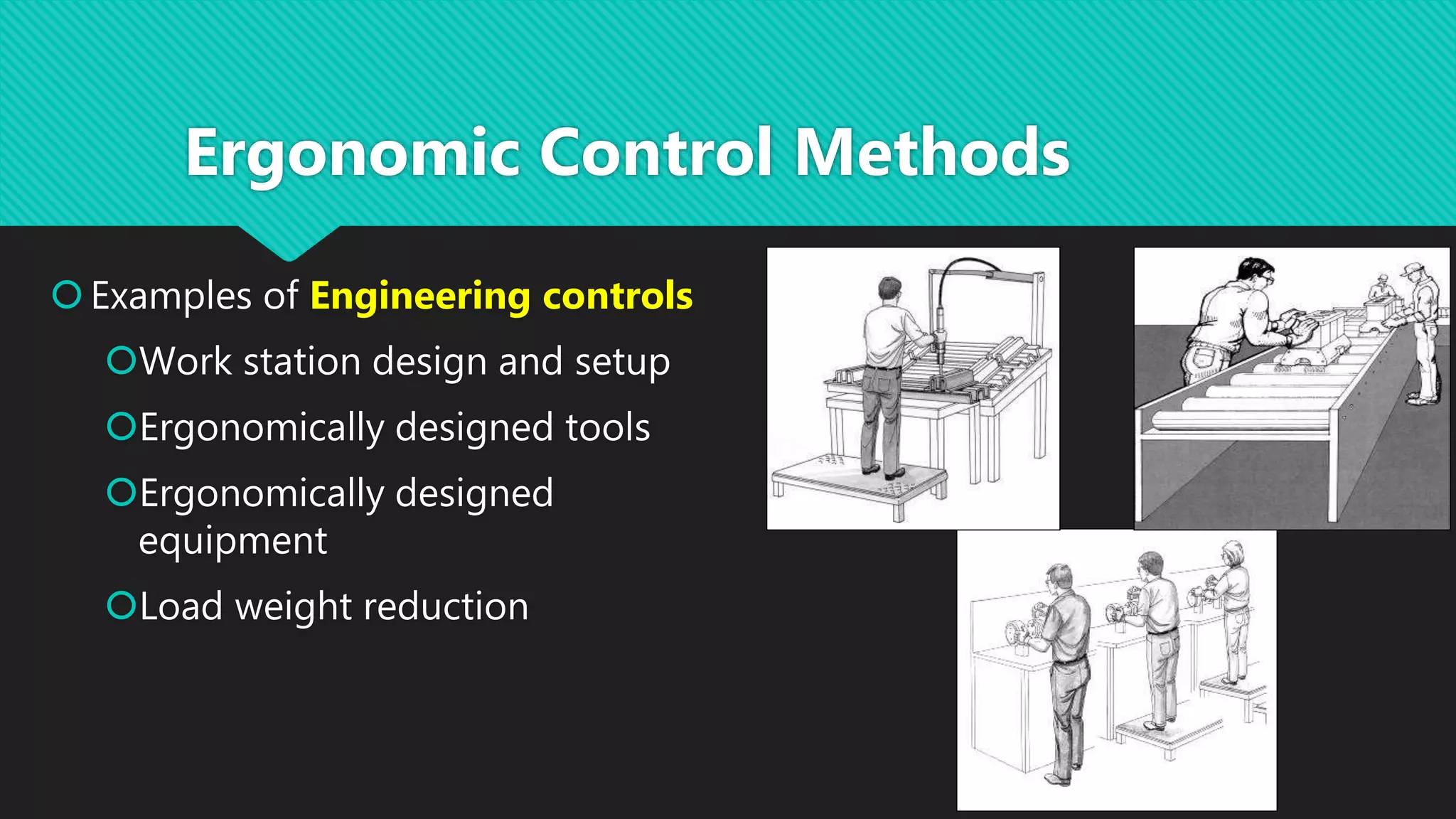 Examples of Engineering controls
Work station design and setup
Ergonomically designed tools
Ergonomically designed
equipment
Load weight reduction
Ergonomic Control Methods
 