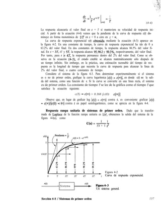 dc ’ -tlT
1
-z--e
dtT =T
t=o
;i
(4-4)
La respuesta alcanzaría el valor final en t = T si mantuviera su velocidad de respuesta ini-
cial. A partir de la ecuación (4-4) vemos que la pendiente de la curva de respuesta c(t) dis-
minuye en forma monotónica de UT en t = 0 a cero en t = m.
La curva de respuesta exponencial c(t) obtenida mediante la ecuación (4-3) aparece en
la figura 4-2. En una constante de tiempo, la curva de respuesta exponencial ha ido de 0 a
63.2% del valor final. En dos constantes de tiempo, la respuesta alcanza 86.5% del valor fi-
nal. En t = 3T, 4T y 5T, la respuesta alcanza 95,98.2 y 99.3%, respectivamente, del valor final.
Por tanto, para t 2 4T, la respuesta permanece dentro del 2% del valor final. Como se ob-
serva en la ecuación (4-3), el estado estable se alcanza matemáticamente sólo después de
un tiempo infinito. Sin embargo, en la práctica, una estimación razonable del tiempo de res-
puesta es la longitud de tiempo que necesita la curva de respuesta para alcanzar la línea de
2% del valor final, o cuatro constantes de tiempo.
Considere el sistema de la figura 4-3. Para determinar experimentalmente si el sistema
es o no de primer orden, grafique la curva logarítmica Ic - c(w)/, en donde c(t) es la sali-
da del sistema, como una función de t. Si la curva se convierte en una línea recta, el sistema
es de primer orden. La constante de tiempo T se lee de la gráfica como el tiempo T que
satisface la ecuación siguiente:
c(T) - c(m) = 0.368 [c(O) - c(m)]
Observe que, en lugar de graficar log [c(t) - c(m)1
- 4~M49 - ( II
contra t, es conveniente graficar jc(t)
c m contra t en papel semilogarítmico, como se aprecia en la figura 4-4.
Respuesta rampa unitaria de sistemas de primer orden. Dado que la transfor-
mada de Laplace de la función rampa unitaria es l/s*, obtenemos la salida del sistema de la
figura 4-l(a), como
1 1
C(s) = ~-
TS + 1 s2
0.632
0 T 2T 3T 4T 5T t
Figura 4-2
Curva de respuesta exponencial.
r(t)
- Sistema
40+ Figura43
Un sistema general.
Sección 4-2 / Sistemas de primer orden 137
 