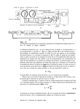 Entrada de referencia Potenciómetro de entrada
&~.J-----,
Dispositivo
I I
--D-t
i mi
I I y!
i----.i
Dispositivo de medición de errores Amplificador
64
Motor Tren de
engranes
Carga
Ev(s)
KO +
KA
s(L,s + R,) (J,,s + b,) + K2K3s
Figura 4-8
(cl
(a) Diagrama esquemático de un sistema de seguimiento; (b) diagrama de bloques para el sis-
tema; (c) diagrama de bloques simplificado.
La diferencia potencial e, - e, = e, es el voltaje de error, en donde e, es proporcional a r y
ef es proporcional a c; es decir, e, = Kor y ec = KN, en donde KO es una constante de pro-
porcionalidad. El amplificador aumenta el voltaje de error que aparece en las terminales
del potenciómetro y su constante de ganancia es Kl. El voltaje de salida de este amplifi-
cador se aplica al circuito de la armadura del motor de cd. (El amplificador debe tener una
impedancia de entrada muy alta, debido a que los potenciómetros son esencialmente cir-
cuitos de alta impedancia y no toleran una variación de corriente. Al mismo tiempo, el am-
plificador debe tener una impedancia de salida baja, dado que se alimenta en el circuito de
la armadura del motor.) Se aplica un voltaje fijo a la bobina de campo. Si existe un error, el
motor desarrolla un par para rotar la &ga de salida de tal forma que el error se reduzca a
cero. Para una corriente de campo constante, el par que desarrolla el motor es
/
f= K,i,
en donde KZ es la constante de par del motor e i, es la corriente de la armadura.
Observe que si se invierte el signo de la corriente i,, el signo del par T se invierte, y esto
provocará que la dirección de giro del rotor se invierta.
Cuando la armadura gira, se induce en ella un voltaje proporcional al producto del flujo
y la velocidad angular. Para un flujo constante, el voltaje inducido eb es directamente pro-
porcional a la velocidad angular deldt, o bien
de
eb = KS--
dt (4-9)
en donde eb es la fuerza contraelectromotriz, K3 es la constante de la fuerza contraelectro-
motriz del motor y 8 es el desplazamiento angular de la flecha del motor.
Sección 4-3 / Sistemas de segundo orden 143
 