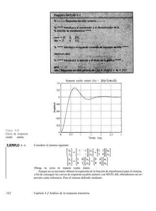 Figura 4-20
Curva de respuesta
escalón unitario.
1EZJEMPLO 4 - 4
162 Capítulo 4 / Análisis de la respuesta transitoria
Respuesta escalón unitario G(s) = 25/(sA2+4s+25)
1.4, I
"0 0.5 1
Considere el sistema siguiente:
- 1 - 1
6.5 0
1.5 2
Tiempo (seg)
2.5 3
Obtenga las curvas de respuesta escalón unitario.
Aunque no es necesario obtener la expresión de la función de transferencia para el sistema,
a fin de conseguir las curvas de respuesta escalón unitario con MATLAB, obtendremos tal ex-
presión como referencia. Para el sistema definido mediante
 