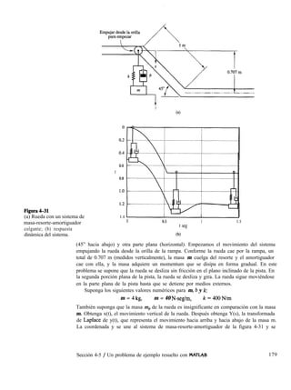 Figura4-31
(a) Rueda con un sistema de
masa-resorte-amortiguador
colgante; (b) respuesta
dinámica del sistema.
Y
Cd
0.6
Y
0.8
1.4
0 0.5 1 1.5
t seg
(b)
(45” hacia abajo) y otra parte plana (horizontal). Empezamos el movimiento del sistema
empujando la rueda desde la orilla de la rampa. Conforme la rueda cae por la rampa, un
total de 0.707 m (medidos verticalmente), la masa m cuelga del resorte y el amortiguador
cae con ella, y la masa adquiere un momentum que se disipa en forma gradual. En este
problema se supone que la rueda se desliza sin fricción en el plano inclinado de la pista. En
la segunda porción plana de la pista, la rueda se desliza y gira. La rueda sigue moviéndose
en la parte plana de la pista hasta que se detiene por medios externos.
Suponga los siguientes valores numéricos para m, b y k:
m = 4kg, m = 40 N-seg/m, k=4OON/m
También suponga que la masa m, de la rueda es insignificante en comparación con la masa
m. Obtenga x(t), el movimiento vertical de la rueda. Después obtenga Y(s), la transformada
de Laplace de y(t), que representa el movimiento hacia arriba y hacia abajo de la masa m.
La coordenada y se une al sistema de masa-resorte-amortiguador de la figura 4-31 y se
Sección 4-5 / Un problema de ejemplo resuelto con MATL+B 179
 