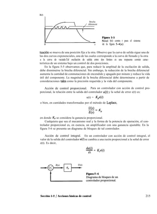 W

Brecha
/ diferencial
AAAA/ f
Figura 5-5
N&l h(t) contra t para el sistema
de la figura 54(a).
tuación se mueva de una posición fija a la otra. Observe que la curva de salida sigue una de
las dos curvas exponenciales, una de las cuales corresponde a la curva de llenado y la otra
a la curva de vaciado.Tal oscilación de salida entre dos límites es una respuesta común carac-
terística de un sistema bajo un control de dos posiciones.
En la figura 5-5 observamos que, para reducir la amplitud de la oscilación de salida,
debe disminuirse la brecha diferencial. Sin embargo, la reducción de la brecha diferencial
aumenta la cantidad de conmutaciones de encendido y apagado por minuto y reduce la vida
útil del componente. La magnitud de la brecha diferencial debe determinarse a partir de
consideraciones tales como la precisión requerida y la vida del componente.
Acción de control proporcional. Para un controlador con acción de control pro-
porcional, la relación entre la salida del controlador u(t) y la señal de error e(t) es:
u(t) = K,e(t)
o bien, en cantidades transformadas por el método de Laplace,
en donde Kp se considera la ganancia proporcional.
Cualquiera que sea el mecanismo real y la forma de la potencia de operación, el con-
trolador proporcional es, en esencia, un amplificador con una ganancia ajustable. En la
figura 5-6 se presenta un diagrama de bloques de tal controlador.
Acción de control integral. En un controlador con acción de control integral, el
valor de la salida del controlador u(t) se cambia a una razón proporcional a la señal de error
e(t). Es decir,
WO
- = K,e(t)
d t
Sección 5-2 / Acciones básicas de control 215
 