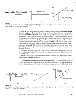 e(t:t Esc(6n unitario
~
0 t
(Sólo proporcional)
t-
t
Figura 5-8
Ca) (b) (cl
(a) Diagrama de bloques de un controlador proporcional-integra1; (b) y (c) diagramas que muestran una entrada es-
calón unitario y la salida del controlador.
en donde Kp es la ganancia proporcional y Td es una constante denominada tiempo deriva-
tivo. Tanto KP como Td son ajustables. La acción de control derivativa, en ocasiones de-
nominada control de velocidad, ocurre donde la magnitud de la salida del controlador es
proporcional a la velocidad de cambio de la señal de error. El tiempo derivativo Td es el in-
tervalo de tiempo durante el cual la acción de la velocidad hace avanzar el efecto de la ac-
ción de control proporcional. La figura 5-9(a) muestra un diagrama de bloques de un
controlador proporcional-derivativo. Si la señal de error e(t) es una función rampa unitaria
como se aprecia en la figura 5-9(b), la salida del controlador u(t) se convierte en la que se
muestra en la figura 5-9(c). La acción de control derivativa tiene un carácter de previsión.
Sin embargo, es obvio que una acción de control derivativa nunca prevé una acción que
nunca ha ocurrido.
Aunque la acción de control derivativa tiene la ventaja de ser de previsión, tiene las
desventajas de que amplifica las señales de ruido y puede provocar un efecto de saturación
en el actuador.
Observe que la acción de control derivativa no se usa nunca sola, debido a que ~610 es
eficaz durante periodos transitorios.
Acción de control proporcional-integral-derivativa. La combinación de una ac-
ción de control proporcional, una acción de control integral y una acción de c6ntrol deriva-
tiva se denomina acción de control proporcional-integral-derivativa (PID). Esta acción
Figura 5-9
(al (b)
/
, (Sc510 proporcional)
,
/
0 t
Cc)
(a) Diagrama de bloques de un controlador proporcional-derivativo; (b) y (c) d’ g
ta ramas que muestran una entrada rampa
unitaria y la salida del controlador.
Sección 5-2 / Acciones básicas de control 217
 