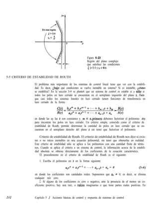 Figura 5-23
Región del plano complejo
que satisface las condiciones
5 > 0.4 y ts < 4kJ.
5-5 CRITERIO DE ESTABILIDAD DE ROUTH
El problema más importante de los sistemas de control lineal tiene que ver con la estabili-
dad. Es decir, ¿bajo qué condiciones se vuelve inestable un sistema? Si es inestable, jcómo
se estabiliza? En la sección 5-4 se plante6 que un sistema de control es estable si y ~610 si
todos los polos en lazo cerrado se encuentran en el semiplano izquierdo del plano s. Dado
que casi todos los sistemas lineales en lazo cerrado tienen funciones de transferencia en
lazo cerrado de la forma
C(s)
-=
b# + blF1 + * * * + b,-1s + bm _ m)
Ns) a,s” + ulsn-l + - * * + u,-1s + a, 4s)
en donde las ay las b son constantes y m I n,primero debemos factorizar el polinomio A(s)
para encontrar los polos en lazo cerrado. Un criterio simple, conocido como el criterio de
estabilidad de Routh, permite determinar la cantidad de polos en lazo cerrado que se en-
cuentran en el semiplano derecho del plano s sin tener que factorizar el polinomio.
Criterio de estabilidad de Routh. El criterio de estabilidad de Routh nos dice si exis-
ten o no raíces inestables en una ecuación polinomial, sin tener que obtenerlas en realidad.
Este criterio de estabilidad sólo se aplica a los polinomios con una cantidad finita de térmi-
nos. Cuando se aplica el criterio a un sistema de control, la información acerca de la estabili-
dad absoluta se obtiene directamente de los coeficientes de la ecuación característica.
El procedimiento en el criterio de estabilidad de Routh es el siguiente:
1. Escriba el polinomio en s en la forma siguiente:
u()sn + als”-l + ***+ u,-ls + un = 0 6-6)
en donde los coeficientes son cantidades reales. Suponemos que un # 0; es decir, se elimina
cualquier raíz cero.
2. Si alguno de los coeficientes es cero o negativo, ante la presencia de al menos un co-
eficiente positivo, hay una raíz, o rafces imaginarias o que tiene partes reales positivas. En
232 Capítulo 5 / Acciones básicas de control y respuesta de sistemas de control
 