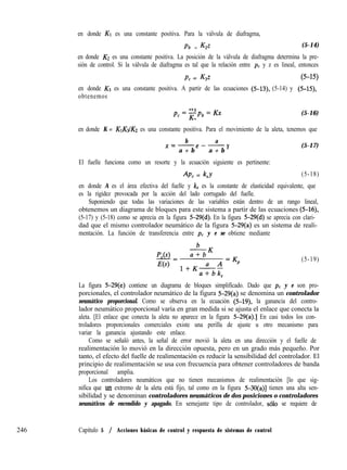 en donde KI es una constante positiva. Para la válvula de diafragma,
Pb = Kzz (5-14)
en donde KZ es una constante positiva. La posición de la válvula de diafragma determina la pre-
sión de control. Si la válvula de diafragma es tal que la relación entre pc y z es lineal, entonces
PC = K~z (5-15)
en donde K3 es una constante positiva. A partir de las ecuaciones (5-13), (5-14) y (5-15),
obtenemos
(5-16)
en donde K = KlKdK2 es una constante positiva. Para el movimiento de la aleta, tenemos que
b a
x=-e--
a + b a + b
Y (5-17)
El fuelle funciona como un resorte y la ecuación siguiente es pertinente:
AP, = k,y (5-18)
en donde A es el área efectiva del fuelle y k, es la constante de elasticidad equivalente, que
es la rigidez provocada por la acción del lado corrugado del fuelle.
Suponiendo que todas las variaciones de las variables están dentro de un rango lineal,
obtenemos un diagrama de bloques para este sistema a partir de las ecuaciones (5-16),
(5-17) y (5-18) como se aprecia en la figura 5-29(d). En la figura 5-29(d) se aprecia con clari-
dad que el mismo controlador neumático de la figura 5-29(a) es un sistema de reali-
mentación. La función de transferencia entre pC y e se obtiene mediante
(5-19)
La figura 5-29(e) contiene un diagrama de bloques simplificado. Dado que pC y e son pro-
porcionales, el controlador neumático de la figura 5-29(a) se denomina un controlador
neumático proporcional. Como se observa en la ecuación (5-19), la ganancia del contro-
lador neumático proporcional varía en gran medida si se ajusta el enlace que conecta la
aleta. [El enlace que conecta la aleta no aparece en la figura 5-29(a).] En casi todos los con-
troladores proporcionales comerciales existe una perilla de ajuste u otro mecanismo para
variar la ganancia ajustando este enlace.
Como se señaló antes, la señal de error movió la aleta en una dirección y el fuelle de
realimentación lo movió en la dirección opuesta, pero en un grado más pequeño. Por
tanto, el efecto del fuelle de realimentación es reducir la sensibilidad del controlador. El
principio de realimentación se usa con frecuencia para obtener controladores de banda
proporcional amplia.
Los controladores neumáticos que no tienen mecanismos de realimentación [lo que sig-
nifica que un extremo de la aleta está fijo, tal como en la figura 5-3O(a)] tienen una alta sen-
sibilidad y se denominan controladores neumáticos de dos posiciones o controladores
neumáticos de encendido y apagado. En semejante tipo de controlador, ~610 se requiere de
246 Capítulo 5 / Acciones básicas de control y respuesta de sistemas de control
 
