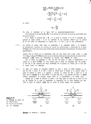 ‘Kp(l +$+ Tds)
en donde
K ,d-
P
aA
Por tanto, el controlador de la figura 5-69 es proporcional-integral-derivativo.
Si se elimina la resistencia Rd o & = 0, la acción se convierte en la de un controlador pro-
porcional-integral.
Si se suprime la resistencia Ri, o Ri = 0, la acción se convierte en la de un controlador pro-
porcional de banda estrecha o la de un controlador de dos posiciones. (Observe que las acciones
de los dos fuelles de realimentación se cancelan una a la otra y que no hay realimentación.)
A-5-16. Las válvulas de carretes reales tienen un sobretraslape o un subtraslape, debido a las tolerancias
de manufactura. Considere las válvulas de carrete con sobretraslape o subtraslape de la figura
5-71(a) y (b). Trace las curvas que relacionan el área del puerto descubierta A contra el des-
plazamiento x.
Solución. Para la válvula con un sobretraslape, existe una zona muerta entre - 4x0 y 4x0, o - 4x0
< x < $xo. La figura 5-72(a) muestra la curva del área del puerto descubierta A contra el des-
plazamiento x.Tal válvula con sobretraslape no funciona como válvula de control.
Para la válvula con subtraslape, la curva del área del puerto, A, contra el desplazamiento x se
muestra en la figura 5-72(b). La curva efectiva para la región con subtraslape tiene una pendien-
te más alta, lo que representa una mayor sensibilidad. Por lo general, las válvulas que se usan para
el control tienen un subtraslape.
A-5-17. La figura 5-73 muestra un controlador hidráulico de tubos a chorro. El fluido hidráulico se ex-
pele del tubo a chorro. Si el tubo a chorro se cambia hacia la derecha de la posición neutral, el
pistón de potencia se mueve a la izquierda, y viceversa. La válvula del tubo a chorro no se usa
tanto como la v&lvula de la aleta, debido a un gran flujo nulo, a una respuesta más lenta y a carac-
terfsticas impredecibles. Su principal ventaja estriba en su insensibilidad a los fluidos sucios.
Suponga que el pistón de potencia se conecta a una carga ligera, de modo que la fuerza de iner-
cia del elemento de la carga es insignificante en comparación con la fuerza hidráulica que desa-
rrolla el pistón de potencia. ~Que tipo de acción de control produce este controlador?
Figura5-71
(a) Válvula de carrete con
un sobretraslape;
(b) válvula de devanado
con un subtraslape.
inr
FYesi6n Presión
alta baja
(al
Presión
alta
(b)
Presión
baja
E,jemplo de problemas y soluciones 301
 
