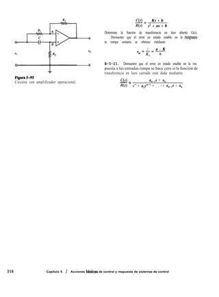 316 Capítulo 5 / Acciones bhicas de control y respuesta de sistemas de control
C(s) KS + b
-Zr
R(s) s2 + as + b
0
eo
Determine la función de transferencia en lazo abierto G(s).
Demuestre que el error en estado estable en la respues-
ta rampa unitaria se obtiene mediante
1 a - K
ess=-=-
Kv b
0 B-5-21. Demuestre que el error en estado estable en la res-
puesta a las entradas rampa se hace cero si la función de
transferencia en lazo cerrado está dada mediante
Circuito con amplificador operacional. C(s)
-= a,-,s + a,
R(s) s” + upn-l + . . *+ an-,s + II,
 