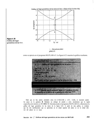 Gráfica
6
d e
l -
i -
4, - 4 -2 U L 4
,
õ
Eje real
raíces.
r = rlocus(num,den)
plot(r,‘o’)
como se aprecia en el programa MATLAB 6-5. La figura 6-21 muestra la gráfica resultante.
Dado que no hay puntos calculados cerca de (-0.3,2.3) y (-0.3, -2.3), es necesario ajustar
los pasos en la ganancia K. Mediante un enfoque de prueba y error, encontramos que la región
específica de interés es 20 5 K 5 30. Introduciendo el programa MATLAB 6-6, obtenemos la
gráfica del lugar geométrico de las raíces de la figura 6-22. A partir de esta gráfica, es evidente
que las dos ramificaciones que se aproximan en la mitad superior del plano (o en la mitad infe-
rior del plano) no se tocan.
Sección 6-4 / Gráficas del lugar geométrico de las raíces con MATLAB 345
 