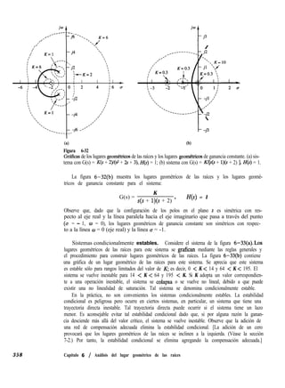 jw iw
,.-- L
_.--- -.._
., j6-‘-., K=6 j3
,-
,/’
/’
,’ ‘
: /’
: ,
.f’
(b)
-j3
Figura 6-32
Gráficas de los lugares geomhricos de las raíces y los lugares geomkricos de ganancia constante. (a) sis-
tema con G(s) = K(s + 2)/(s2 + 2 + 3), H(s) = 1; (b) sistema con G(s) = K/[s(s + l)(s + 2) 1, H(s) = 1.
La figura 6-32(b) muestra los lugares geométricos de las raíces y los lugares geomé-
tricos de ganancia constante para el sistema:
G(s) =
K
s(s + l)(s + 2) ’
H(s) = 1
Observe que, dado que la configuración de los polos en el plano s es simétrica con res-
pecto al eje real y la línea paralela hacia el eje imaginario que pasa a través del punto
(a = - 1, w = 0), los lugares geométricos de ganancia constante son simétricos con respec-
to a la línea w = 0 (eje real) y la línea 0 = -1.
Sistemas condicionalmente estables. Considere el sistema de la figura 6-33(a).Los
lugares geométricos de las raíces para este sistema se grafican mediante las reglas generales y
el procedimiento para construir lugares geométricos de las raíces. La figura 6-33(b) contiene
una gráfica de un lugar geométrico de las raíces para este sistema. Se aprecia que este sistema
es estable sólo para rangos limitados del valor de K, es decir, 0 < K < 14 y 64 < K < 195. El
sistema se vuelve inestable para 14 < K < 64 y 195 < K. Si K adopta un valor correspondien-
te a una operación inestable, el sistema se colapsa o se vuelve no lineal, debido a que puede
existir una no linealidad de saturación. Tal sistema se denomina condicionalmente estable.
En la práctica, no son convenientes los sistemas condicionalmente estables. La estabilidad
condicional es peligrosa pero ocurre en ciertos sistemas, en particular, un sistema que tiene una
trayectoria directa inestable. Tal trayectoria directa puede ocurrir si el sistema tiene un lazo
menor. Es aconsejable evitar tal estabilidad condicional dado que, si por alguna razón la ganan-
cia desciende más allá del valor crítico, el sistema se vuelve inestable. Observe que la adición de
una red de compensación adecuada elimina la estabilidad condicional. [La adición de un cero
provocará que los lugares geométricos de las raíces se inclinen a la izquierda. (Véase la sección
7-2.) Por tanto, la estabilidad condicional se elimina agregando la compensación adecuada.]
358 Capítulo 6 / Análisis del lugar geométrico de las raíces
 