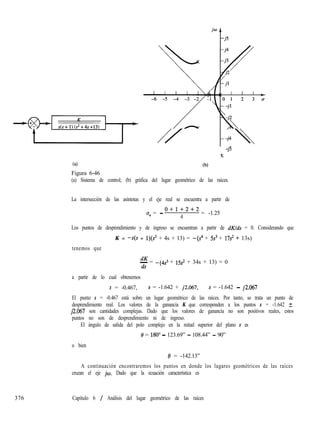 t
-jS
(al
Figura 6-46
(b)
(a) Sistema de control; (b) gráfica del lugar geométrico de las raíces.
La intersección de las asíntotas y el eje real se encuentra a partir de
0+1+2+2
CJ, = -
4
= -1.25
Los puntos de desprendimiento y de ingreso se encuentran a partir de dKlds = 0. Considerando que
K = -s(s + l)(s2 + 4s + 13) = -(s4 + 5s3 + 17s2 + 13s)
tenemos que
dK
- = -(4s3 + 152 + 34s + 13) = 0
ds
a partir de lo cual obtenemos
s = -0.467, s = -1.642 + j2.067, s = -1.642 - j2.067
El punto s = -0.467 está sobre un lugar geométrico de las raíces. Por tanto, se trata un punto de
desprendimiento real. Los valores de la ganancia K que corresponden a los puntos s = -1.642 +
$2.067 son cantidades complejas. Dado que los valores de ganancia no son positivos reales, estos
puntos no son de desprendimiento ni de ingreso.
El ángulo de salida del polo complejo en la mitad superior del plano s es
8 = 180” - 123.69” - 108.44” - 90”
o bien
0 = -142.13”
A continuación encontraremos los puntos en donde los lugares geométricos de las raíces
cruzan el eje jw. Dado que la ecuación característica es
376 Capítulo 6 / Análisis del lugar geométrico de las raíces
 