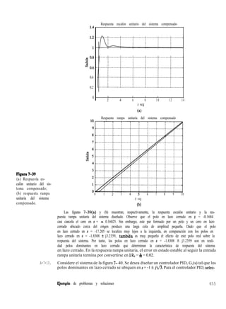 Figura7-39
(a) Respuesta es-
calón unitario del sis-
tema compensado;
(b) respuesta rampa
unitaria del sistema
compensado.
0.4
0.2
0
Respuesta escalón unitario del sistema compensado
I I 1 , I
2 4 6 8 10 12 14
t seg
(4
Respuesta rampa unitaria del sistema compensado
0 1 2 3 4 5 6 7 8 9 10
t seg
(b)
Las figuras 7-39(a) y (b) muestran, respectivamente, la respuesta escalón unitario y la res-
puesta rampa unitaria del sistema diseñado. Observe que el polo en lazo cerrado en s = -0.1684
casi cancela el cero en s = - 0.16025. Sin embargo, este par formado por un polo y un cero en lazo
cerrado ubicado cerca del origen produce una larga cola de amplitud pequeña. Dado que el polo
en lazo cerrado en s = -17.205 se localiza muy lejos a la izquierda, en comparación con los polos en
lazo cerrado en s = -1.8308 f j3.2359, tambikn es muy pequeño el efecto de este polo real sobre la
respuesta del sistema. Por tanto, los polos en lazo cerrado en s = -1.8308 ? j3.2359 son en reali-
dad polos dominantes en lazo cerrado que determinan la característica de respuesta del sistema
en lazo cerrado. En la respuesta rampa unitaria, el error en estado estable al seguir la entrada
rampa unitaria termina por convertirse en llk, = & = 0.02.
A-7-10. Considere el sistema de la figura 7- 40. Se desea diseñar un controlador PID, G,(s) tal que los
polos dominantes en lazo cerrado se ubiquen en s = -1 + jfl.Para el controlador PID, selec-
F,jemplo de problemas y soluciones 455
 