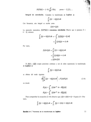 ~VXQI = (-1) paran = 1,2,3,...
Integral de convolución. Considere la transformada de Laplace de
Con frecuencia, esta integral se escribe como
La operación matemática fi(t)*fi(t) s e denomina convolución. Observe que si ponemos t -
z = 5, entonces
l’fi(t - r)f&) dr = --Io fi(S)fi(t - 5) dE
t
= otfA~)fAt - 4 dr
f
Por tanto,
fdt)*f2(t) = I’f1(t - 9f2(3 dr
0
= otfdr)fAt - 4 dr
f
= fz(t)*fAt)
Si fl(t) y fz(t) ocupan posiciones continuas y son de orden exponencial, la transformada
de Laplace de
f
’ fi(t - +fi(4 dr
0
se obtiene del modo siguiente:
1= %%(4 (2-10)
en donde
F,(s) =
f
m fi(t)P dt = Celfl(t)]
0
F,(s) =
f
m f,(t)P dt = Celfi(t)]
0
Para comprobar la ecuación (2-10) observe que fi(t - z)l(t - z) = 0 para r > t. Por
tanto,
l-t l-m
J fi(t - rIfi dr = j fi(t - Wt - r)fi(9 dr
0 0
Seccih 2-4 / Teoremas de la transformada de Laplace 33
 
