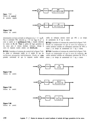 Figura 7-62
Sistema de control
de posición angular.
Figura 7-63
Sistema de control.
dominantes en lazo cerrado se ubiquen en s = -1 + jfl. exhiba un sobrepaso máximo menor que 40% y un tiempo
Para el controlador PID, seleccione a = 0.5 (en lugar de a = 1 de asentamiento de 5 seg o menos.
como se analizó en el problema A-7-lo), y después determine
los valores de K y b. ‘lIace la gráfica del lugar geométrico de
B-7-13. Considere el sistema de control de la figura 7-65.
las raíces para el sistema diseñado. Asimismo, obtenga la
Diseñe un compensador tal que la curva de respuesta es-
curva de respuesta escalón unitario con MATL~.
calón unitario exhiba un sobrepaso máximo de 30% o
menor y un tiempo de asentamiento de 3 seg o menos.
B-7-12. Considere el sistema de control de la figura 7-64. B-7-14 Considere el sistema de control de la figura 7-66.
La planta es críticamente estable en el sentido de que las Diseñe un compensador tal que la curva de respuesta es-
oscilaciones proseguirán indefinidamente. Diseñe un com- calón unitario exhiba un sobrepaso máximo de 25% o
pensador conveniente tal que la respuesta escalón unitario menor y un tiempo de asentamiento de 5 seg o menos.
Figura 7-64
Sistema de control.
Figura 7-65
Sistema de control.
Figura 7-66
Sistema de control.
470 Capítulo 7 / Diseño de sistemas de control mediante el método del lugar geométrico de las raíces
 
