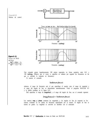 Figura8-20
Sistema de control.
Figura8-21
Trazas de Bode
de G(s)
= 9(sz+ 0.23 + 1)
s(2 + 1.2s + 9) *
20
Trazas de Bode de G(s) = 9(sA2+0.2s+l)l[s(sA2+1.2s+9)]
3
.I
$j 0
3
100
Frecuencia (radkeg)
Frecuencia (radheg)
Este comando genera logarítmicamente 100 puntos espaciados en forma equitativa entre 0.01 y
100 radheg. (Observe que el vector w especifica en radianes por segundo las frecuencias en las
que se calculará la respuesta en frecuencia.)
Si usamos el comando
bode(num,den,w)
entonces, el rango de frecuencia será el que especifique el usuario, pero el rango de magnitud y
el rango del ángulo de fase se determinarán automáticamente. Véase el programa MATLAB 8-3
y la gráfica resultante en la figura 8-22.
Para especificar el rango de magñitud y el rango del ángulo de fase, use el comando siguiente:
[mag,phase,wl = bode(num,den,w)
Las matrices mag y phase contienen las magnitudes y los ángulos de fase de respuesta en fre-
cuencia, evaluados en los púntos de frecuencia especificados por el usuario. El ángulo de fase se
retorna en grados. La magnitud se convierte en decibeles con el enunciado
Secci6n 8-3 / Graficación de trazas de Bode con MATLAB 495
 