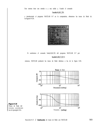 ~Figuratb26
Trazas de Bode del
sistema considerado
en el ejemplo 8-6.
Este sistema tiene una entrada u y una salida y. Usando el comando
bode(A,B,C,D)
e introduciendo el programa MATLAB 8-7 en la computadora, obtenemos las trazas de Bode de
la figura 8-26.
Si sustituimos el comando bode(A,B,C,D) del programa MATLAB 8-7 por
bode(A,B,C,D,l)
entonces, MATLAB producirá las trazas de Bode idénticas a las de la figura 8-26.
‘Itazas de Bode
Frecuencia (radheg)
Sección 8-3 / Graficación de trazas de Bode con MATLAB 503
 