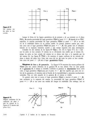 Figura 8-72
Dos sistemas con
dos polos en lazo
cerrado.
Plano s
ta)
Aunque la forma de los lugares geométricos de u constante y de w constante en el plano
G(s) y !a estrecha proximidad del lugar geométrico G(iw) al punto - 1 + i0 depende de un G(s)
específico, la estrecha proximidad del lugar geométrico G(io) al punto -1 + i0 es un indi-
cio de la estabilidad relativa de un sistema estable. En general, podemos esperar que, entre
más cerca esté el lugar geométrico G(jw) del punto - 1 + iO, más grande será el sobrepaso
máximo en la respuesta transitoria escalón y más tiempo requerirá ésta para amortiguarse.
Considere los dos sistemas de las figuras 8-72(a) y (b). (En la figura 8-72, las x indi-
can los polos en lazo cerrado.) El sistema (a) es obviamente más estable que el sistema (b),
porque los polos en lazo cerrado del sistema (a) se ubican más lejos a la izquierda que los
del sistema (b). Las figuras 8-73(a) y (b) muestran el mapeo conforme de las retículas del
plano s dentro del plano G(s). Entre más cerca del eje ]w están los polos en lazo cerrado,
más cerca del punto -1 + j0 está el lugar geometrico G&).
Márgenes de fase y de ganancia. La figura 8-74 muestra las trazas polares de
GQw) para tres valores diferentes de la ganancia K en lazo abierto. Para un valor grande
de la ganantia K, el sistema es inestable. Conforme la ganancia se decrementa hacia cierto
valor, el lugar geométrico G(iw) pasa por el punto - 1 + iO. Esto significa que, para este va-
lor de la ganancia, el sistema está al borde de la inestabilidad y presenta oscilaciones
sostenidas. Para un valor pequeño de la ganancia K, el sistema es estable.
En general, entre más se acerca el lugar geométrico GCjo) a encerrar el punto -1 + iO,
más oscilatoria es la respuesta del sistema. La proximidad del lugar geométrico G(jo) al
punto - 1 + i0 se usa como una medida del margen de estabilidad. (Sin embargo, esto no
Plano G Im j,
Figura8-73
Mapeos conformes de las
cuadrículas del plano s
para los sistemas de la
figura 8-72 dentro del
plano G(s). Ca)
0 Re -1 0 Re
.+ *
GW
(b)
544 Capítulo 8 / Análisis de la respuesta en frecuencia
 