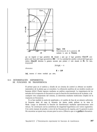 1 5
1 0
5
63
0; 0
E
-5
-10
-15
-’ SO” -150° -120” -90°
f!G
Figura 8-94
Determinación de la ganancia K
mediante la carta de Nichols.
que sea tangente al lugar geométrico M, deseado y para que el lugar geométrico G($)lK com-
pleto esté fuera del lugar geométrico Mr = 1.4. La cantidad de cambio vertical del lugar geo-
métrico G(ju)IK determina la ganancia necesaria para producir el valor deseado de M,. Por tanto,
despejando
2010gK = 4
obtenemos
K = 1.59
Asi, tenemos el mismo resultado que antes,
8-11 DETERMINACIÓN EXPERIMENTAL
DE FUNCIONES DE TRANSFERENCIA
El primer paso en el análisis y diseño de un sistema de control es obtener un modelo
matemático de la planta que se considera. La obtención analítica de un modelo resulta ser
bastante difícil. Puede lograrse mediante un análisis experimental. La importancia de los
métodos de la respuesta en frecuencia es que la función de transferencia de la planta, o de
cualquier otro componente del sistema, se determina mediante mediciones simples de la
respuesta en frecuencia.
Si se han medido la razón de amplitudes y el cambio de fase de un número suficiente
de frecuencias dentro del rango de frecuencias que interesa, pueden graficarse en las trazas de
Bode. Luego se determina la función de transferencia mediante aproximaciones asin-
tóticas. Se construyen curvas asintóticas de magnitud logarítmica con varios segmentos.
Con cierto manejo de prueba y error de las frecuencias de esquina, por lo general es posi-
ble encontrar un ajuste muy cercano para la curva. (Observe que si se grafica la frecuencia
Sección 8-11 / Determinación experimental de funciones de transferencia 567
 