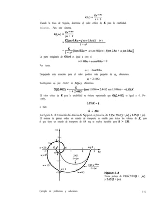 Usando la traza de Nyquist, determine el valor crítico de K para la estabilidad.
Solución. Para este sistema,
c’@,) = 5
= K(cos 0.8 w - j sen 0.8w)(l - jw)
1 + 03
= 5 [(cos 0.80.1 - w sen 0.80) - j(sen 0.8~ + w cos 0.8w)]
La parte imaginaria de G(jw) es igual a cero si
sen 0.8~ +w cos 0.8~ = 0
Por tanto,
o = -tanO.gw
Despejando esta ecuación para el valor positivo más pequeño de w, obtenemos.
w = 2.4482
Sustituyendo w por 2.4482 en G(jw), obtenemos
W2.4482) = 1 + 2K44822 (cos 1.9586 - 2.4482 sen 1.9586) = -0.378K
El valor crítico de K para la estabilidad se obtiene suponiendo que G(j2.4482) es igual a -1. Por
tanto,
0.378K = 1
o bien
K = 2.65
La figura 8-113 muestra las trazas de Nyquist, o polares, de 2.6.5e-W~/(l + jw) y 2.65/(1 + jo).
El sistema de primer orden sin retardo de transporte es estable para todos los valores de K, pero
el que tiene un retardo de transporte de 0.8 seg se vuelve inestable para K > 2.65.
Im
Ejemplo de problemas y soluciones
Figura&113
Trazas polares de 2.65e-WV(l + ju)
y 2.65/(1 + jw).
591
 