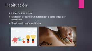 Habituación
 La forma mas simple
 Expresión de cambios neurológicos a corto plazo por
repetición
 Rood, reeducación vestibular
 