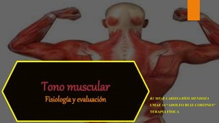 Tono muscular
Fisiología y evaluación R1 MFyR LARISSA RÍOS MENDOZA
UMAE 14 “ADOLFO RUIZ CORTINES”
TERAPIA FÍSICA
 