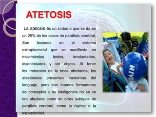 ATETOSIS
La atetosis es un síntoma que se da en
un 25% de los casos de parálisis cerebral.
Son lesiones en el sistema
extrapiramidal que se manifiesta en
movimientos lentos, involuntarios,
incontrolados y sin objeto. Al tener
los músculos de la boca afectados, los
atestósicos presentan trastornos del
lenguaje, pero son buenos formadores
de conceptos y su inteligencia no se ve
tan afectada como en otros subtipos de
parálisis cerebral, como la rigidez o la
espasticidad.
 