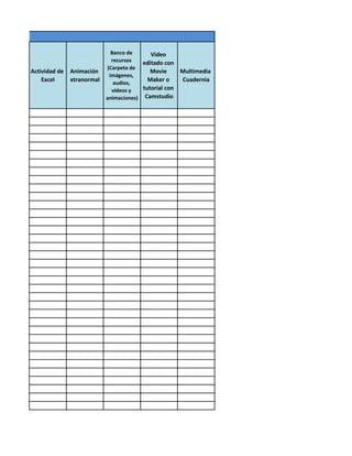 11°
                                    Banco de      Video
                                    recursos   editado con
                                  (Carpeta de
      Actividad de   Animación                    Movie       Multimedia
                                   imágenes,
          Excel      xtranormal      audios,
                                                 Maker o      Cuadernia
                                    videos y   tutorial con
                                  animaciones) Camstudio
 
